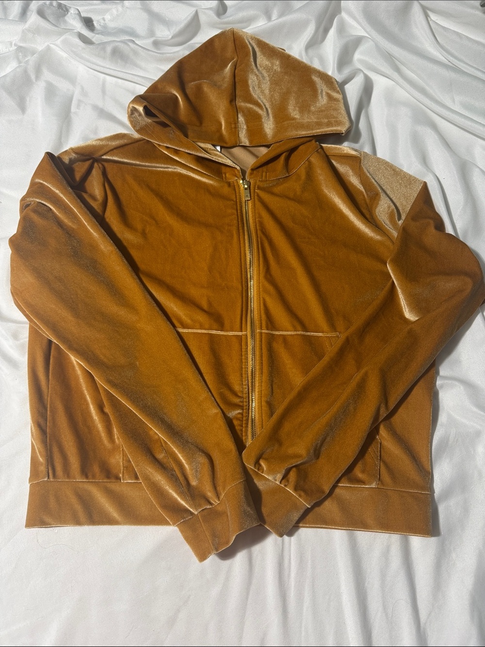 Fabletics Hoodie Medium Golden Brown Velour Cropped Zip Up Jacket Athleisure